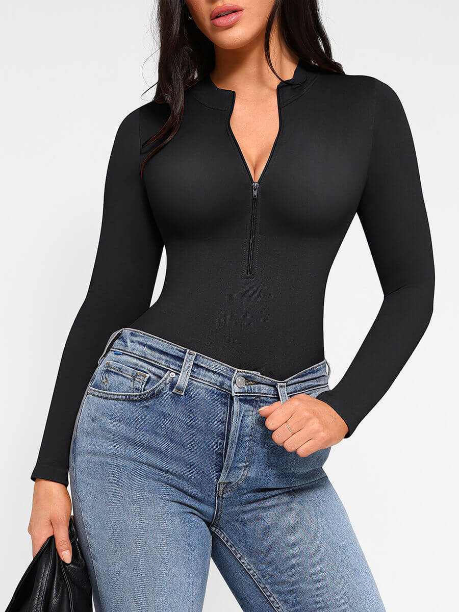 Seamless Long Sleeve Zipper Thong Bodysuit (Black)