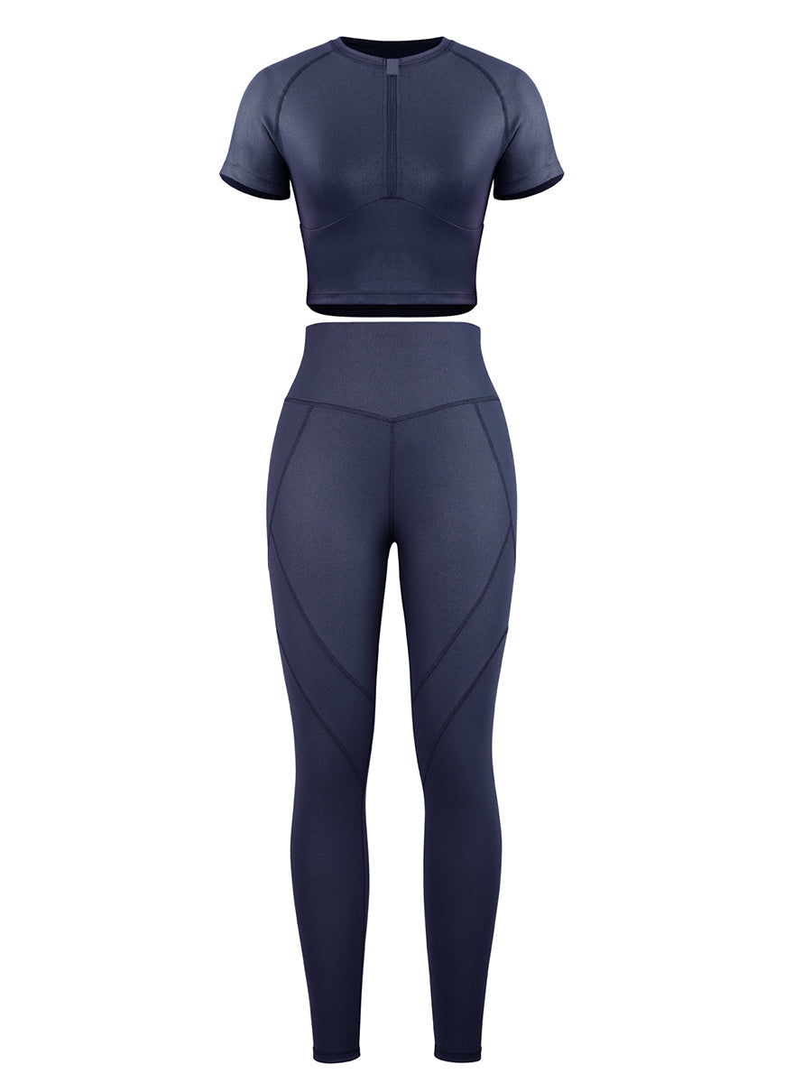 Navy Crew Neck Zipper Crop Top and High Waist Leggings For Training