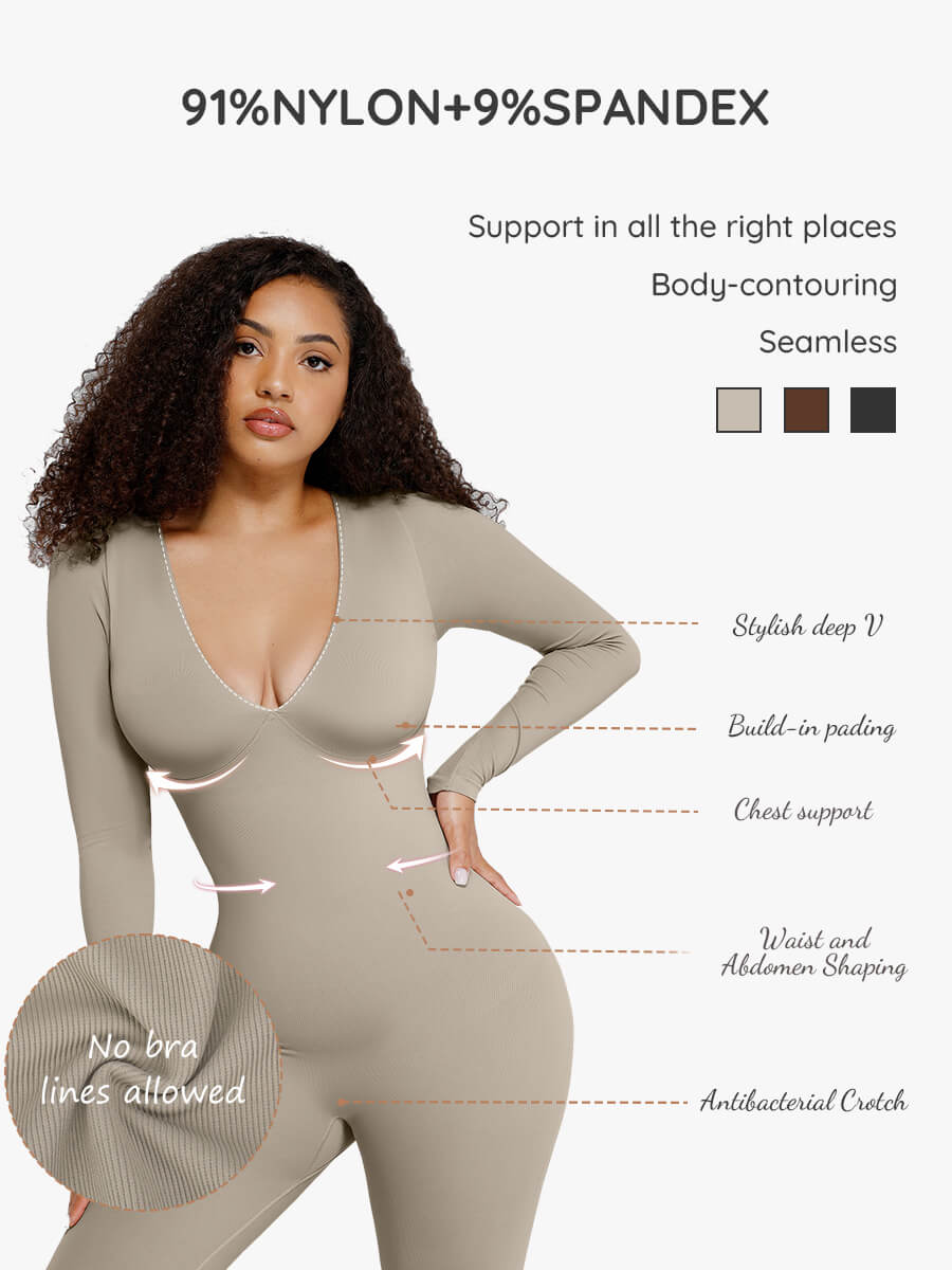 Deep V Seamless Tummy Control Waist Cinching Catsuit Brown