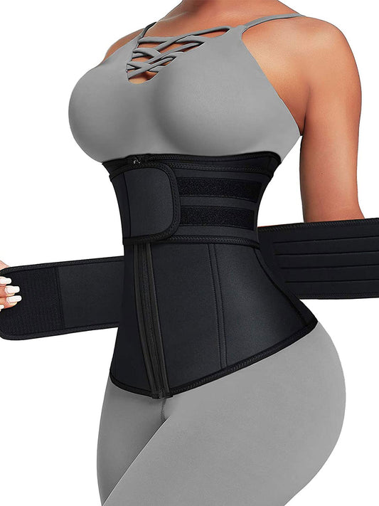 Black Neoprene Waist Trimmer with Zipper and Double Belt