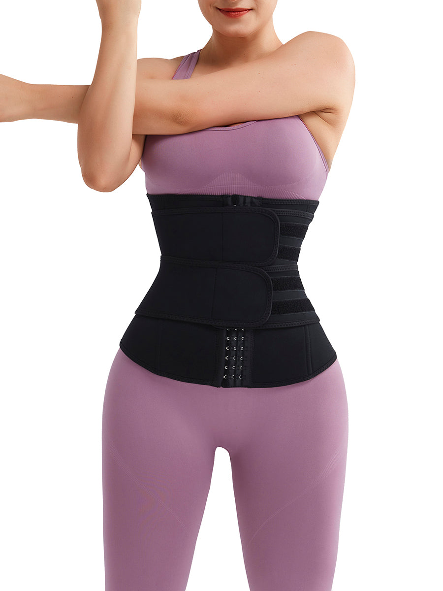 Black Neoprene Plus Size Waist Trainer with Hooks and Double Belt