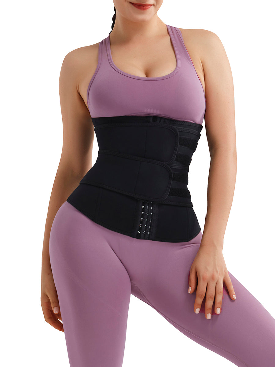 Black Neoprene Plus Size Waist Trainer with Hooks and Double Belt