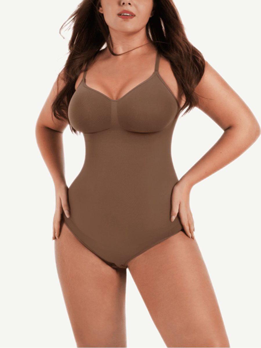 Seamless Tummy Trimmer Thong Bodysuit Brown