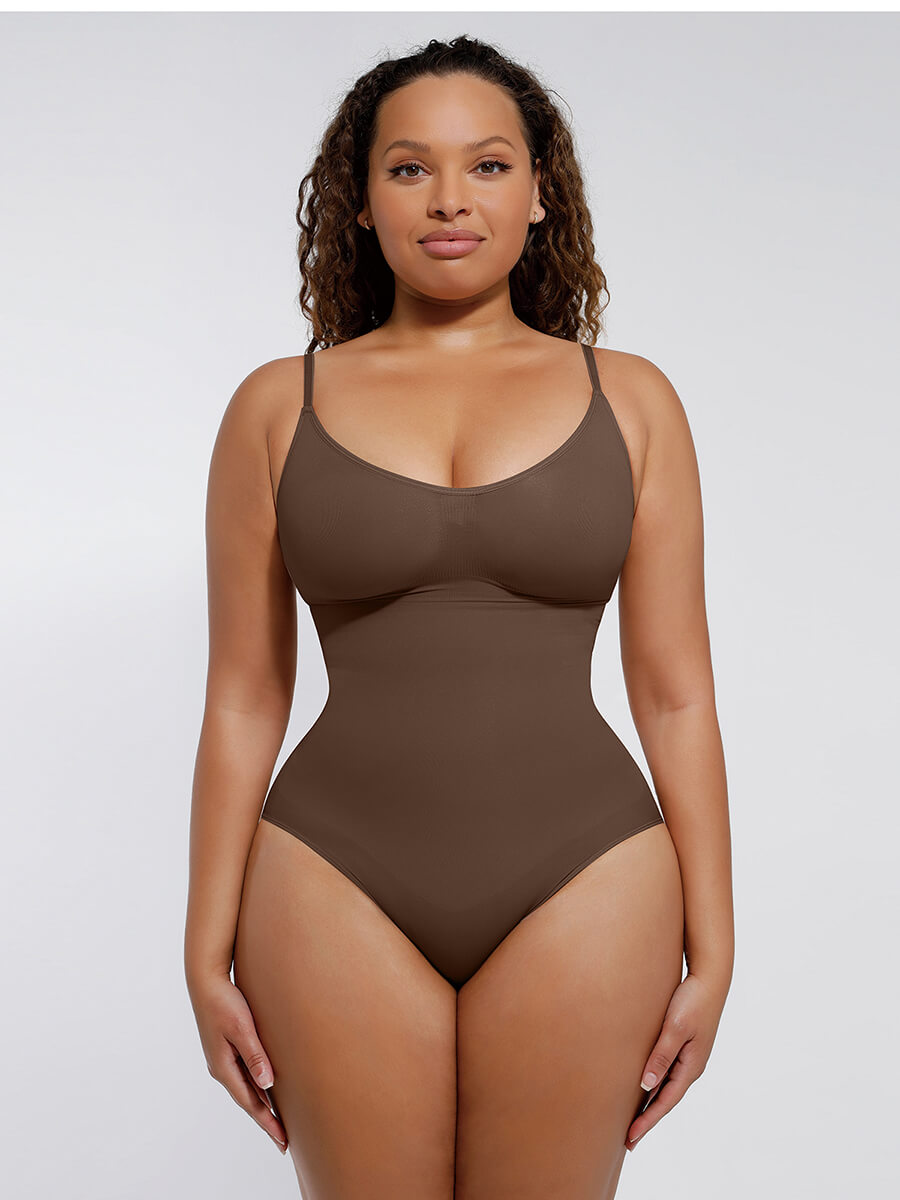 Seamless Tummy Trimmer Thong Bodysuit Brown