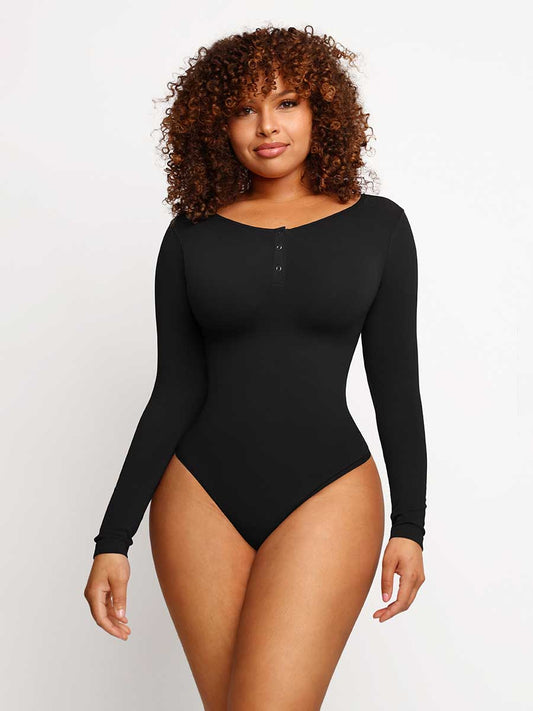 Long Sleeve Thong Bodysuit Outer Shapewear Black