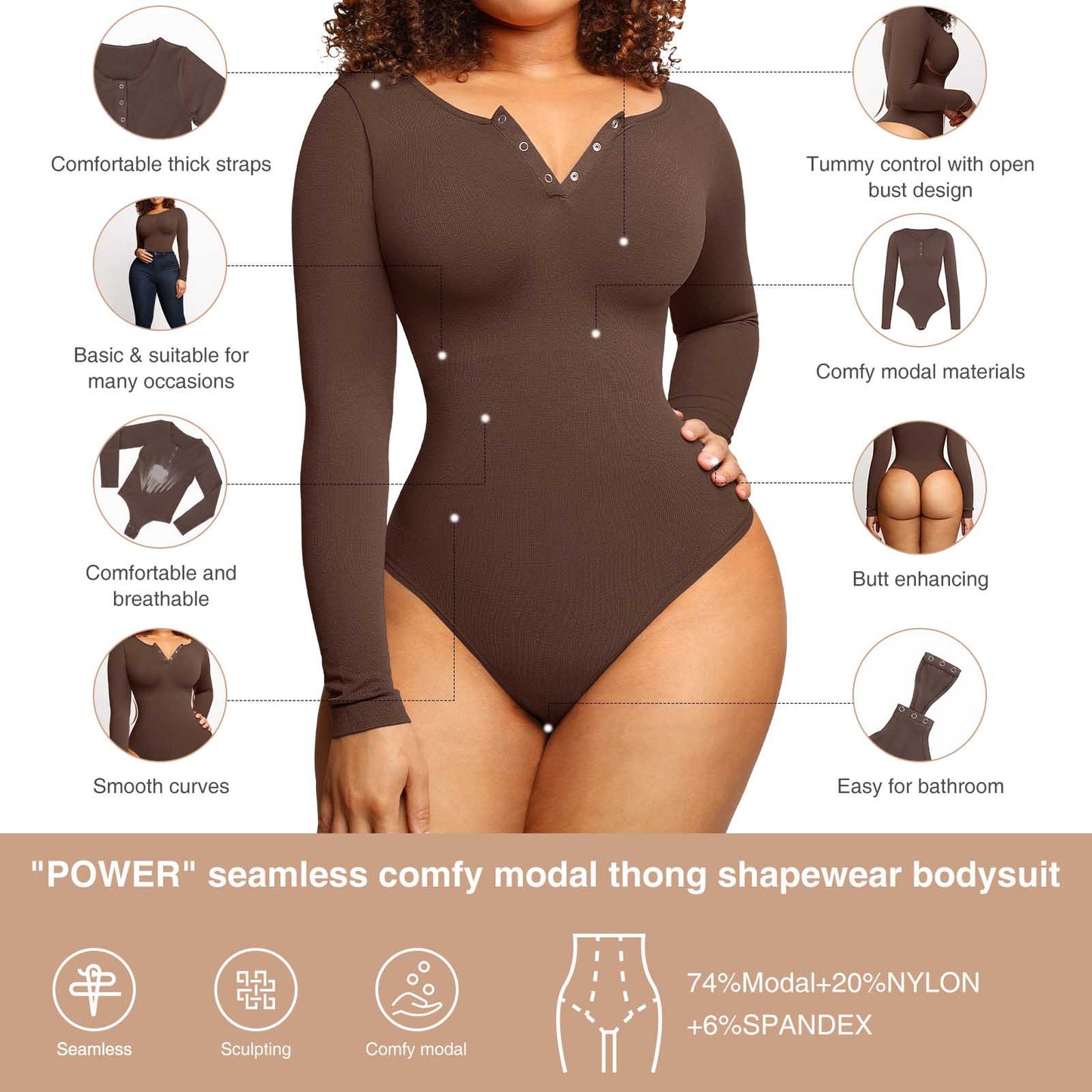 Long Sleeve Thong Bodysuit Outer Shapewear Black