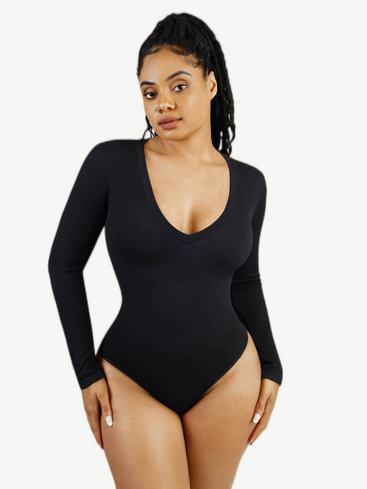 Long Sleeved V-neck Waist Shaping Tummy Control Seamless Bodysuit (Black)