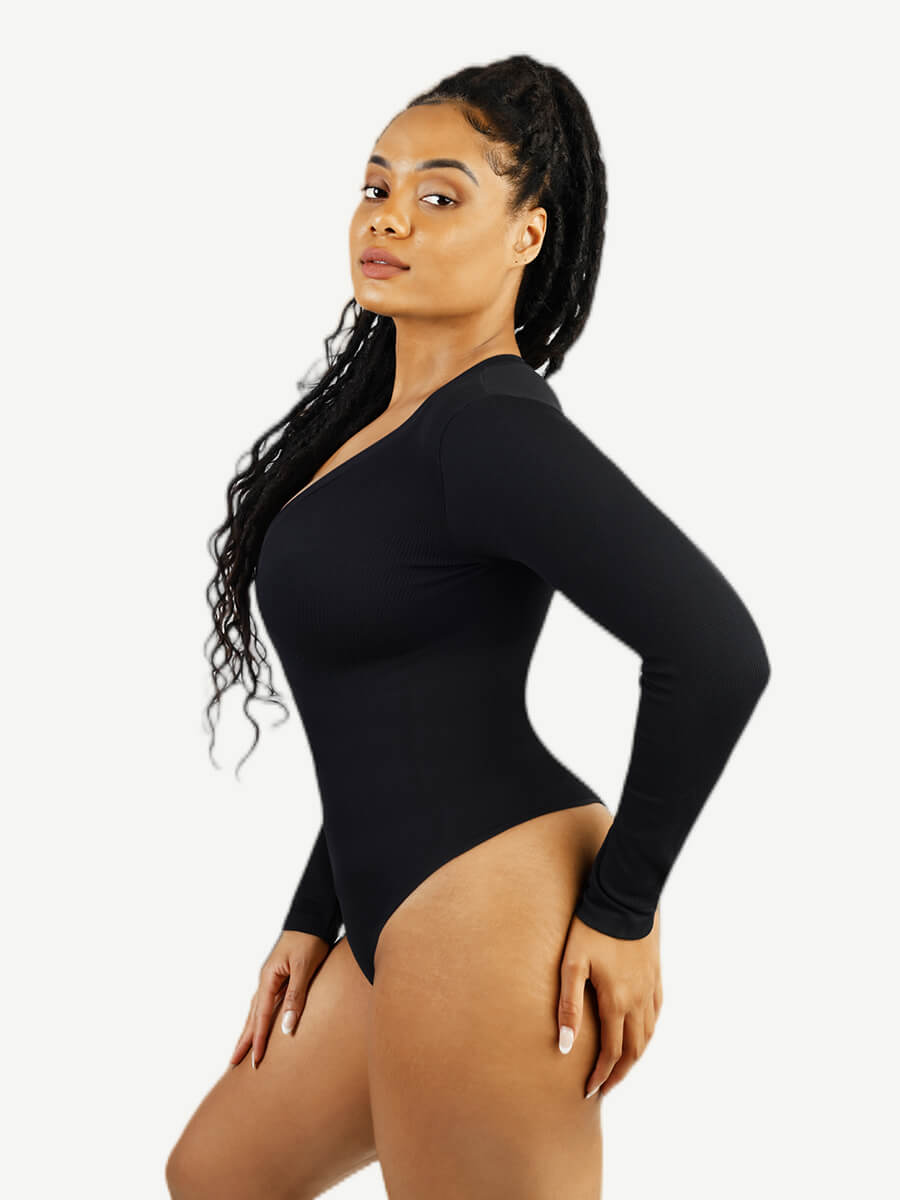 Long Sleeved V-neck Waist Shaping Tummy Control Seamless Bodysuit (Black)