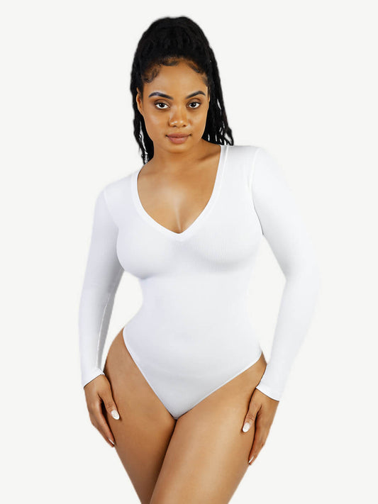 Long Sleeved V-neck Waist Shaping Tummy Control Seamless Bodysuit (White)