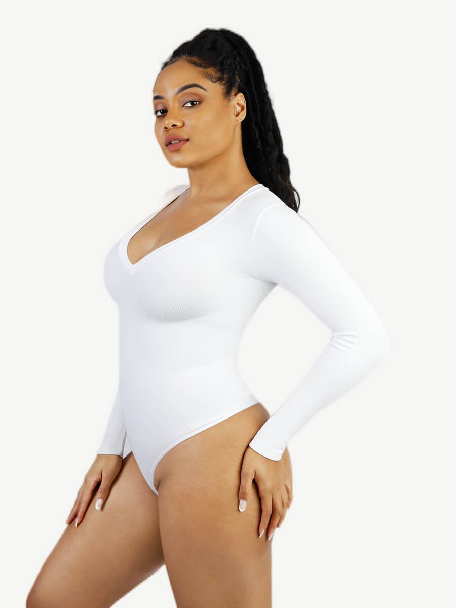 Long Sleeved V-neck Waist Shaping Tummy Control Seamless Bodysuit (White)