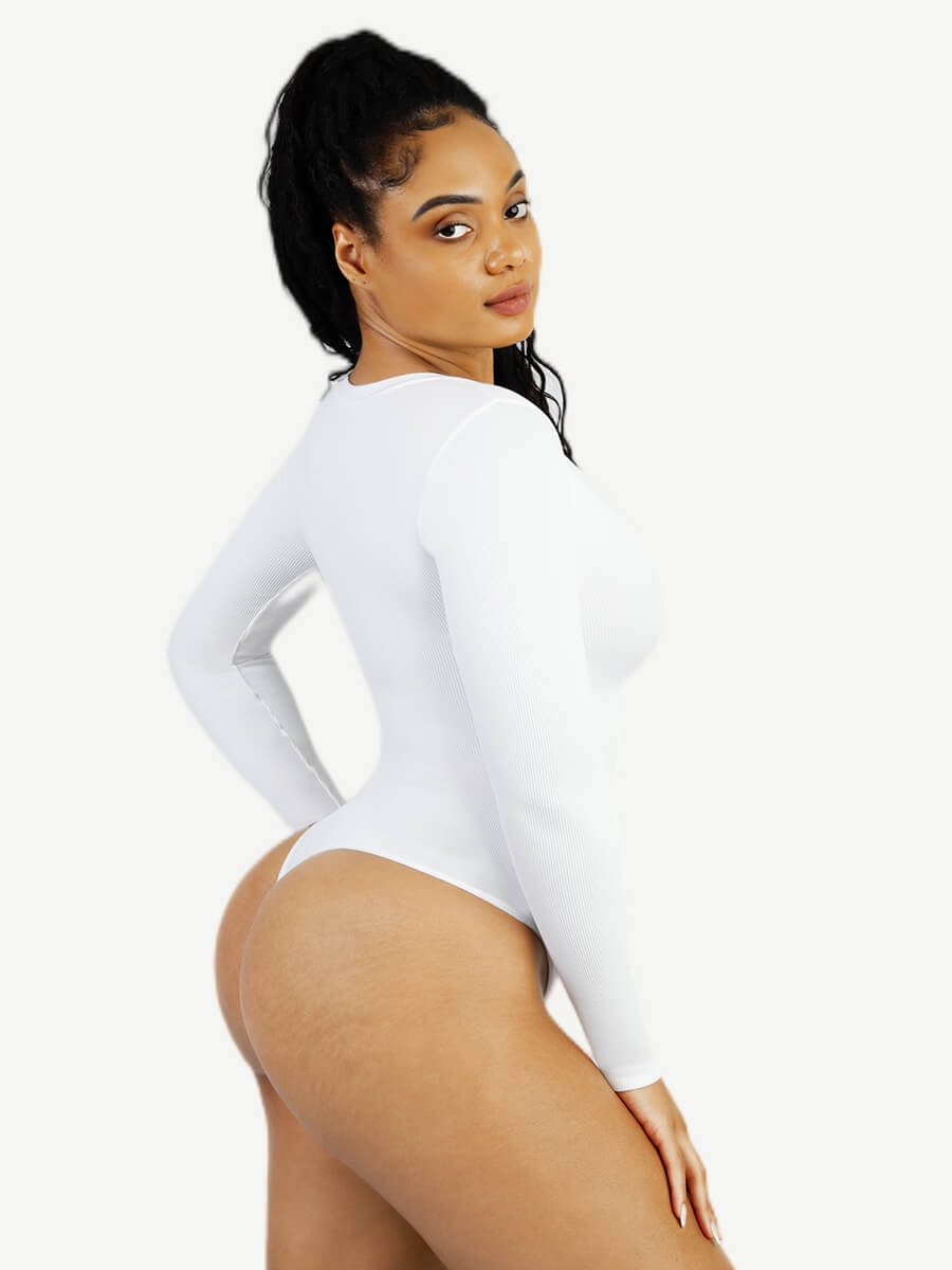 Long Sleeved V-neck Waist Shaping Tummy Control Seamless Bodysuit (White)