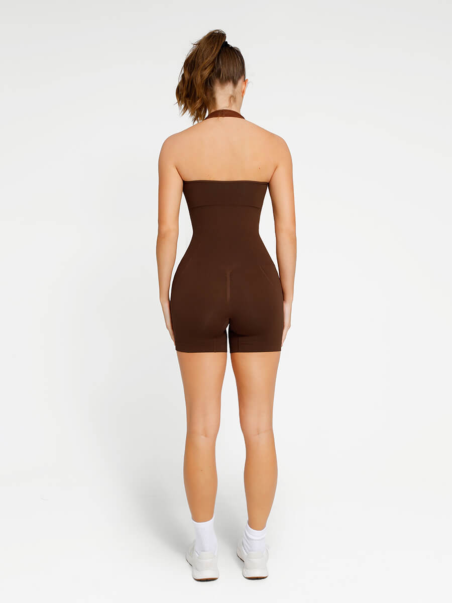 Halter Neck Seamless Eco-friendly Waist Shaping Jumpsuit Brown