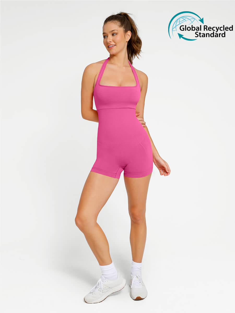 Seamless Eco-friendly Halter Neck Waist Shaping Jumpsuit Pink