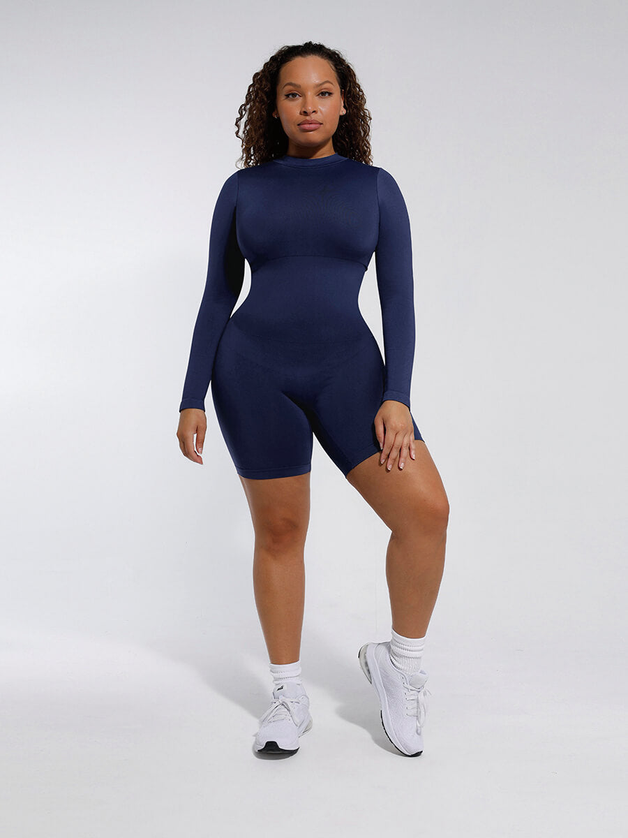 Blue Seamless Turtleneck Jumpsuit with Removable Cups