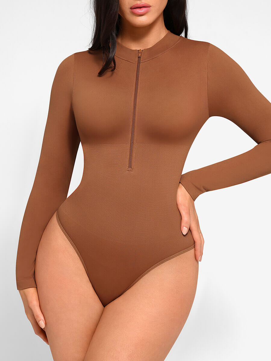 Seamless Long Sleeve Zipper Thong Bodysuit (Sienna Brown)