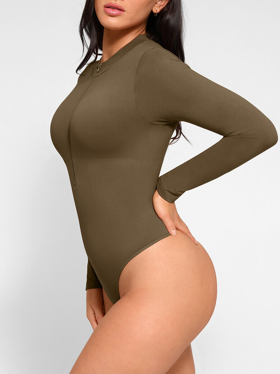 Seamless Long Sleeve Zipper Thong Bodysuit (Dark Brown)