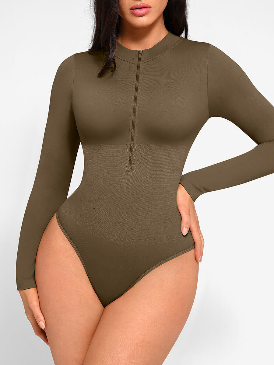 Seamless Long Sleeve Zipper Thong Bodysuit (Dark Brown)