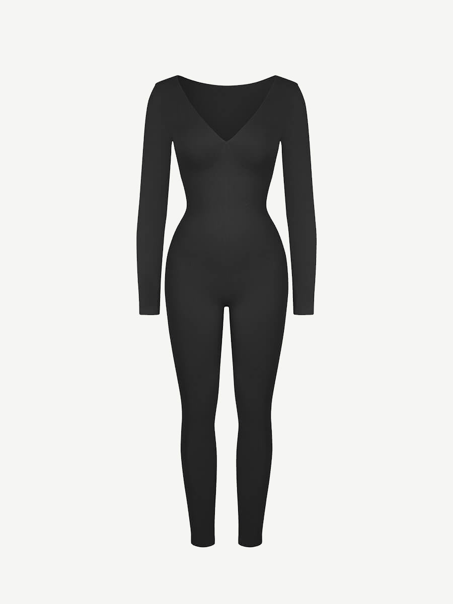 Seamless Deep V Tummy Control Waist Cinching Catsuit Black