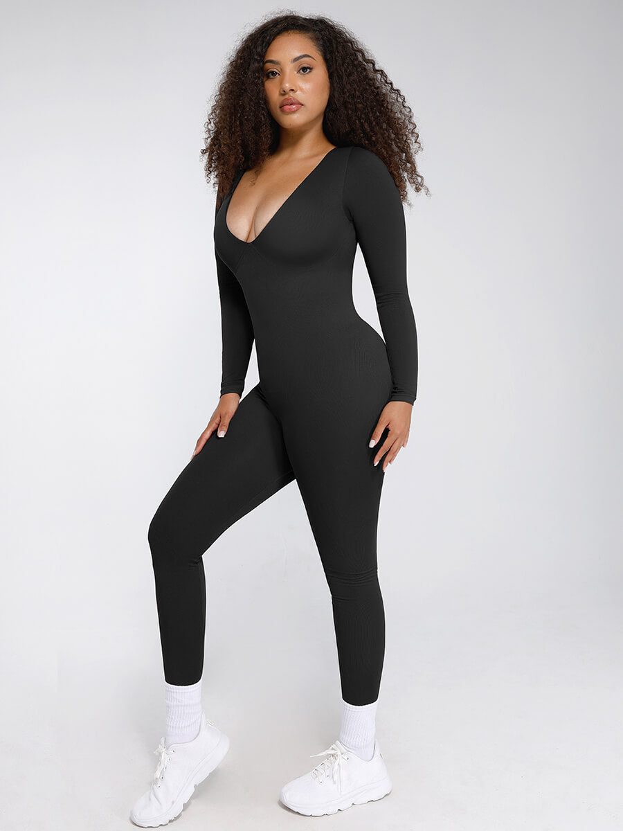 Seamless Deep V Tummy Control Waist Cinching Catsuit Black