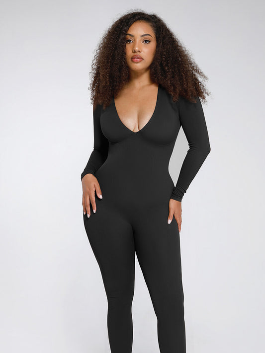 Seamless Deep V Tummy Control Waist Cinching Catsuit Black