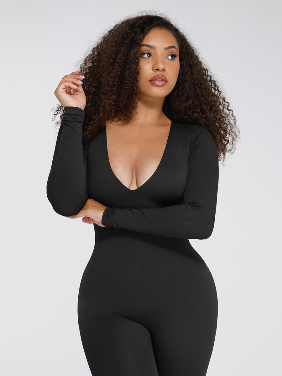 Seamless Deep V Tummy Control Waist Cinching Catsuit Black