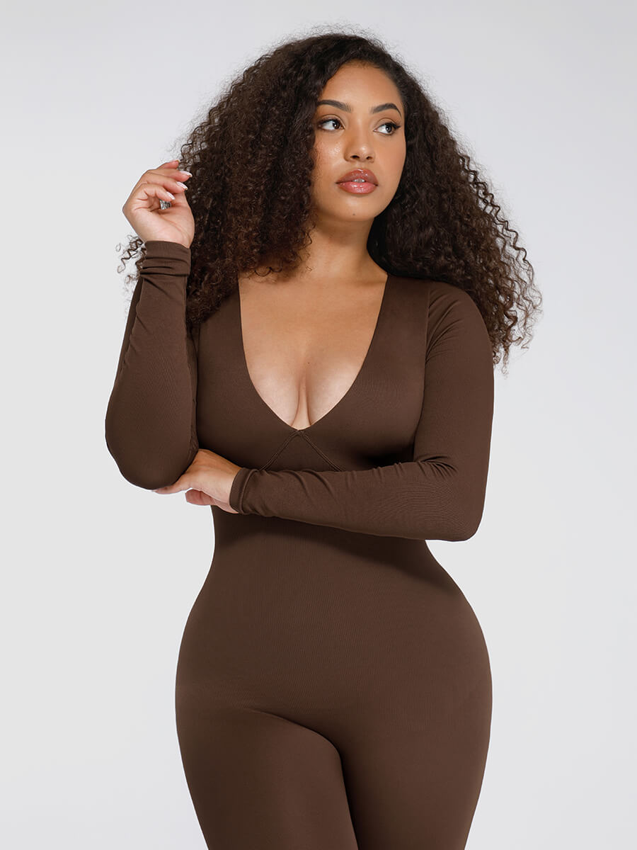 Deep V Seamless Tummy Control Waist Cinching Catsuit Brown