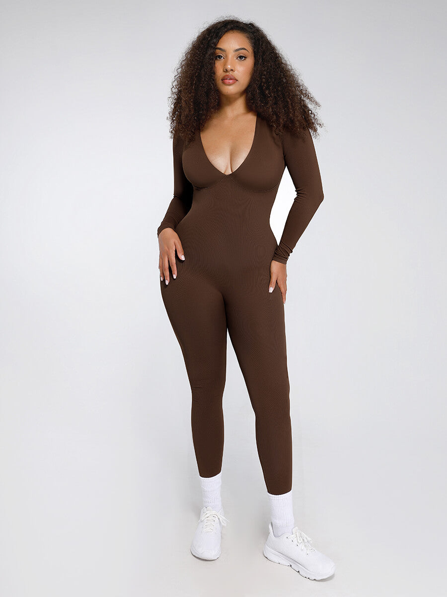 Deep V Seamless Tummy Control Waist Cinching Catsuit Brown