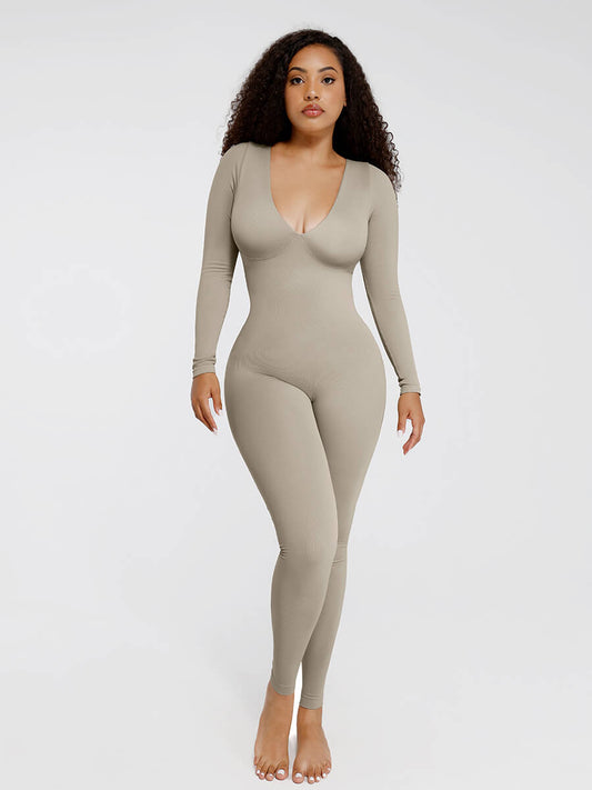 Deep V Tummy Control Waist Cinching Catsuit Gray