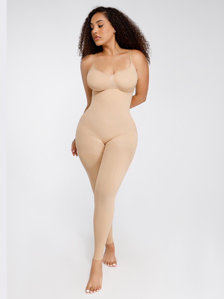 Seamless Breast Support Waist and Abdomen Shaping Mid-Thigh Body Shaper Beige