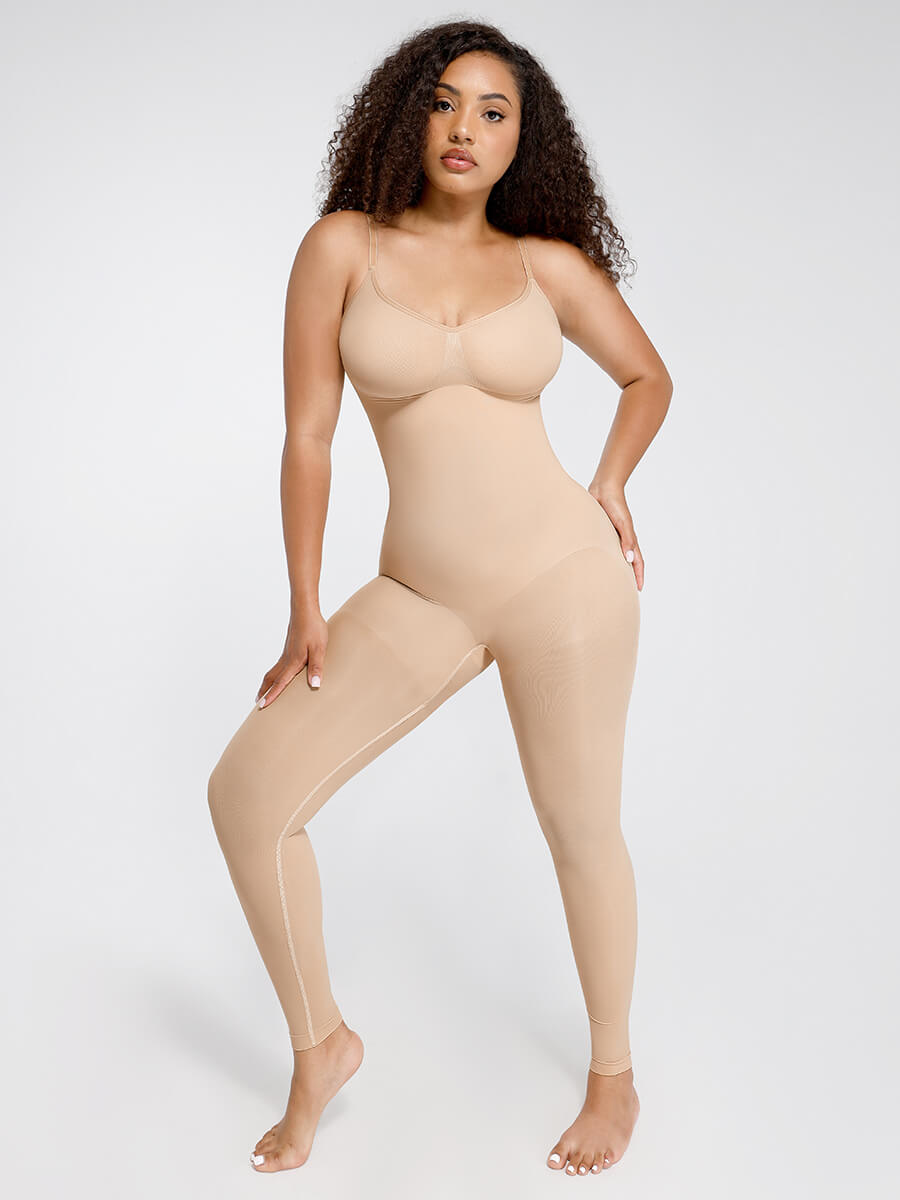 Seamless Breast Support Waist and Abdomen Shaping Mid-Thigh Body Shaper Beige