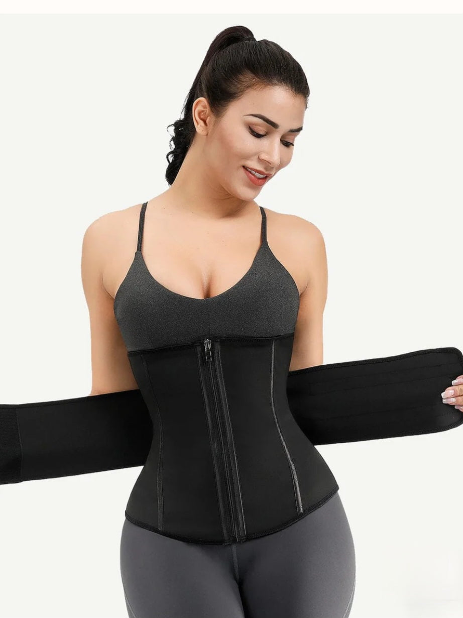 Black Double Layer 7 Steel Boned Waist Trainer