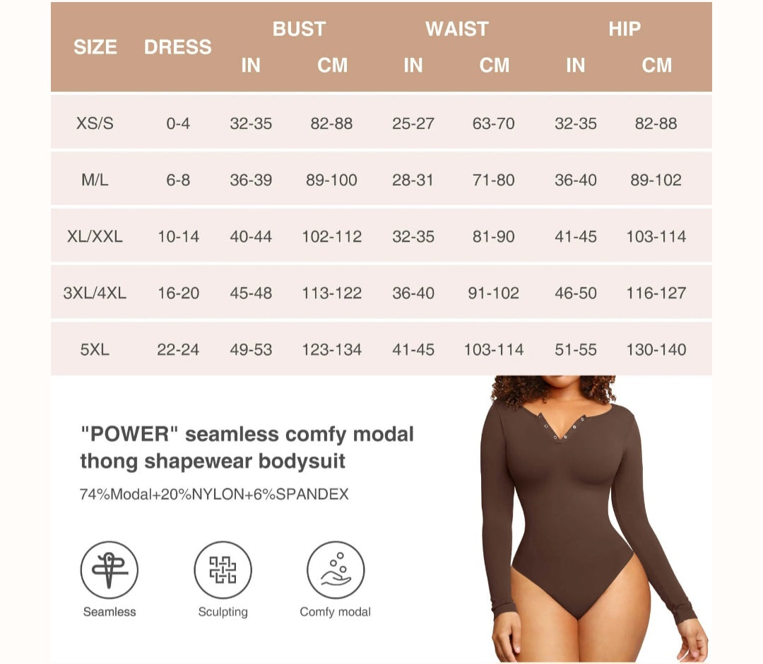 Long Sleeve Thong Bodysuit Outer Shapewear Black