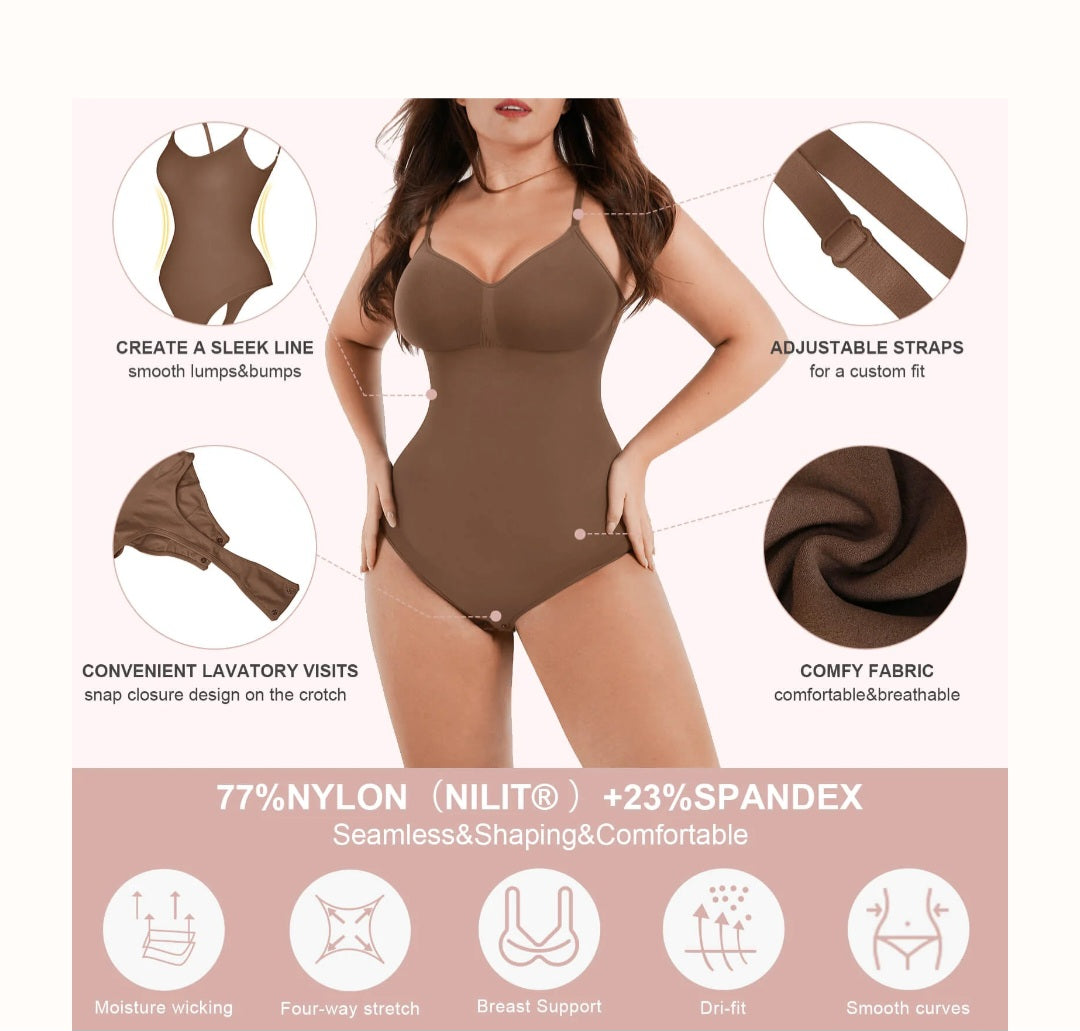 Seamless Tummy Trimmer Thong Bodysuit Brown