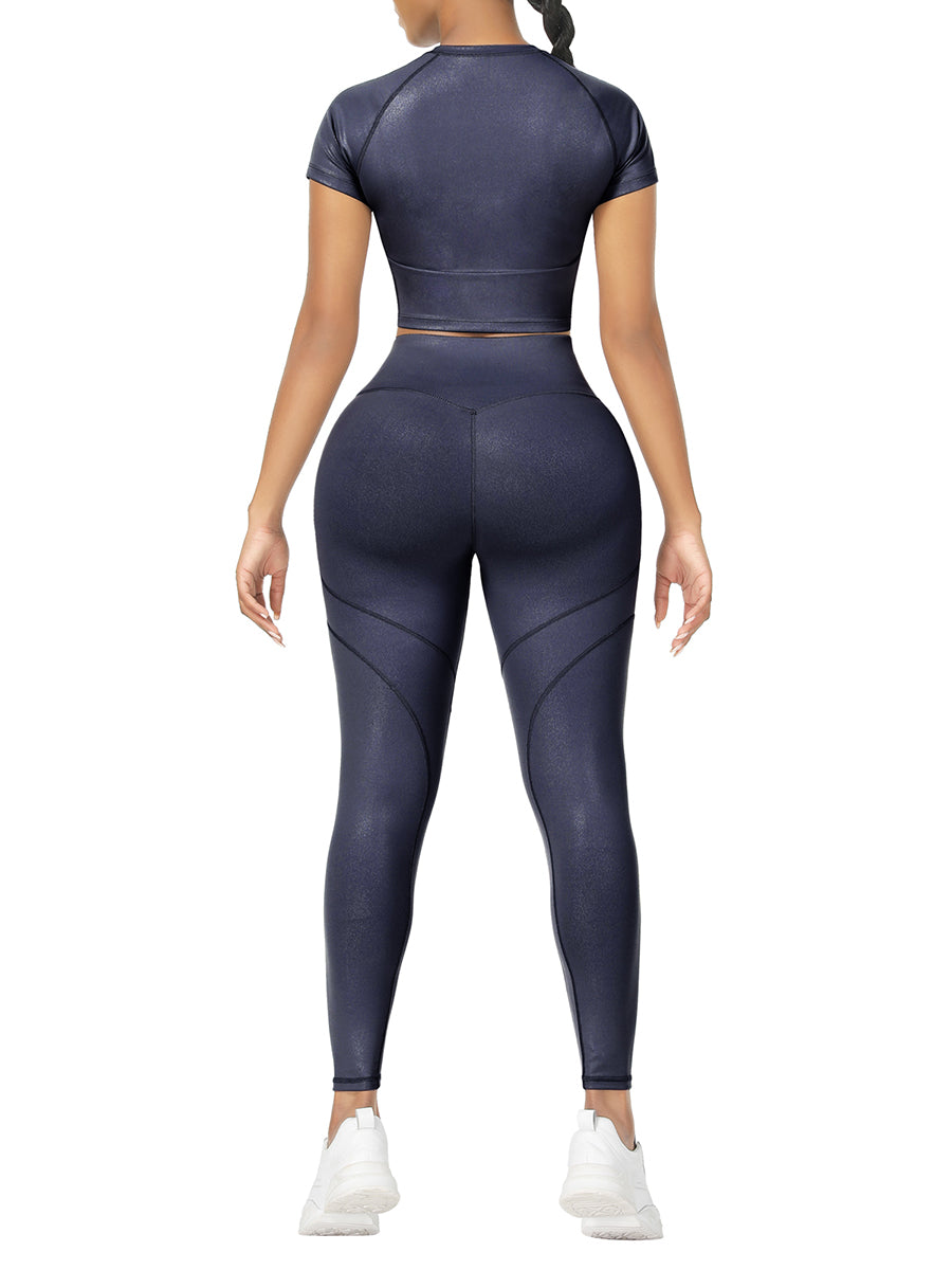 Navy Crew Neck Zipper Crop Top and High Waist Leggings For Training