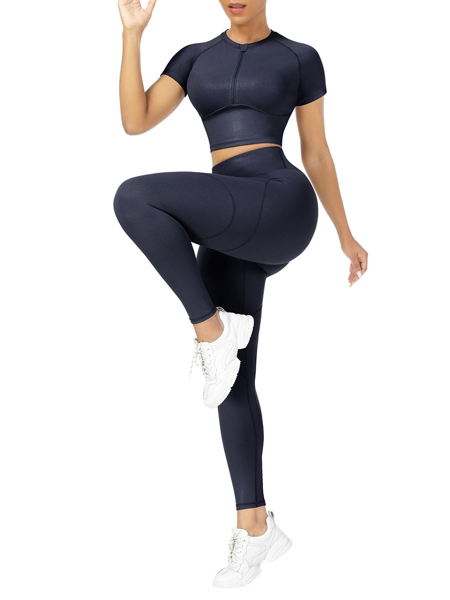 Navy Crew Neck Zipper Crop Top and High Waist Leggings For Training