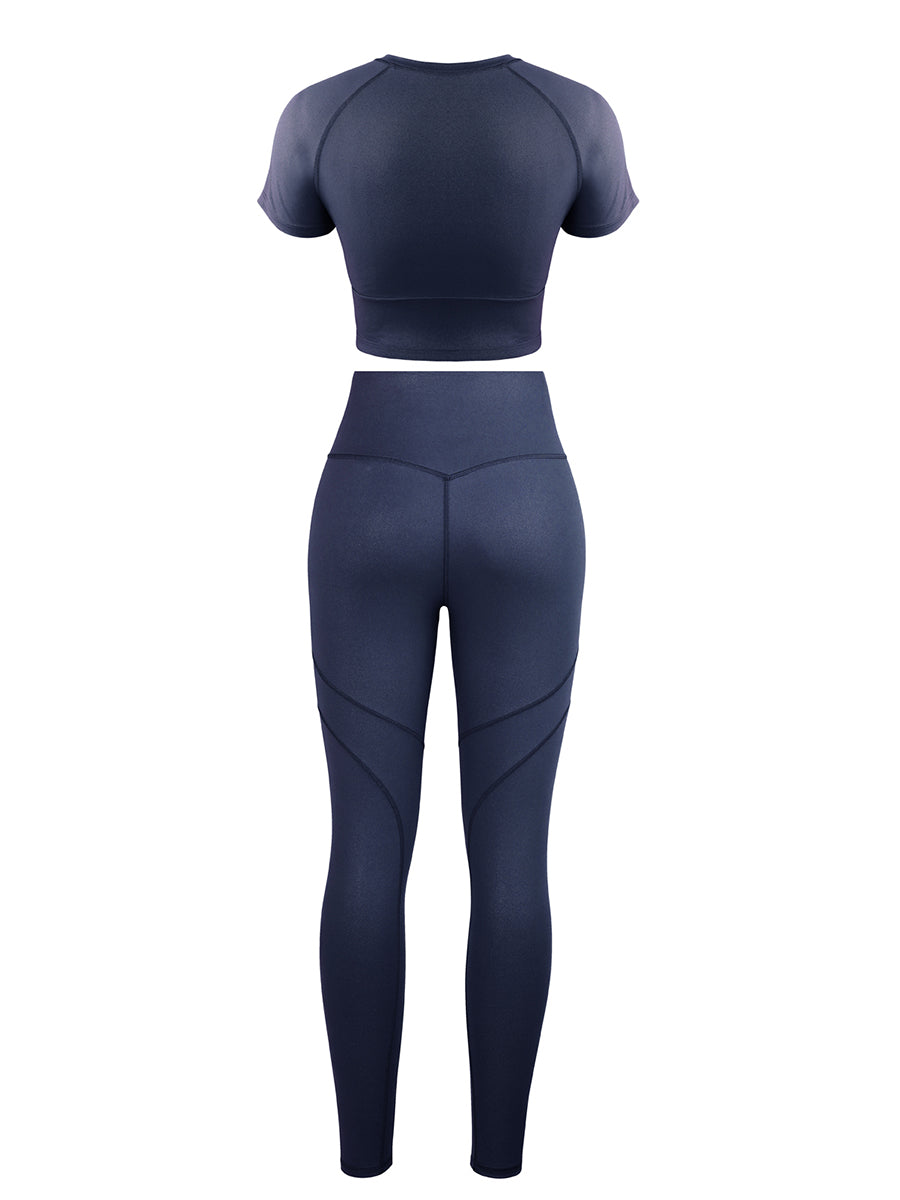 Navy Crew Neck Zipper Crop Top and High Waist Leggings For Training