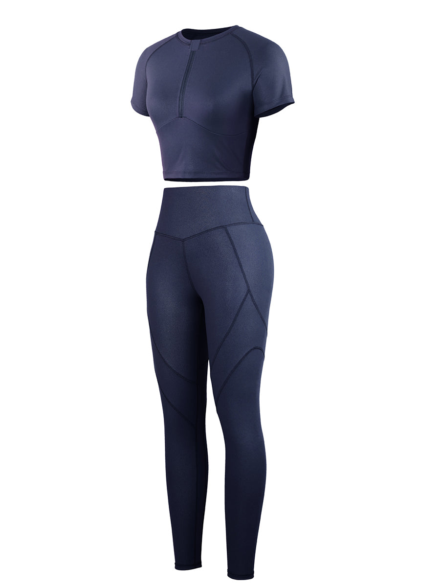 Navy Crew Neck Zipper Crop Top and High Waist Leggings For Training