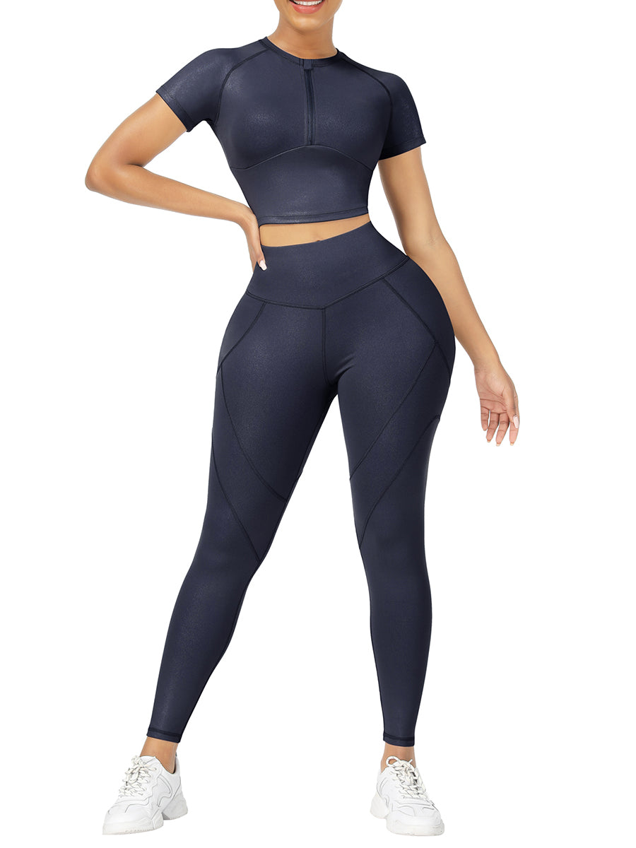 Navy Crew Neck Zipper Crop Top and High Waist Leggings For Training