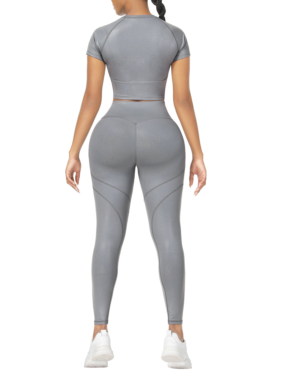 Gray Crew Neck Zipper Crop Top and High Waist Leggings For Training