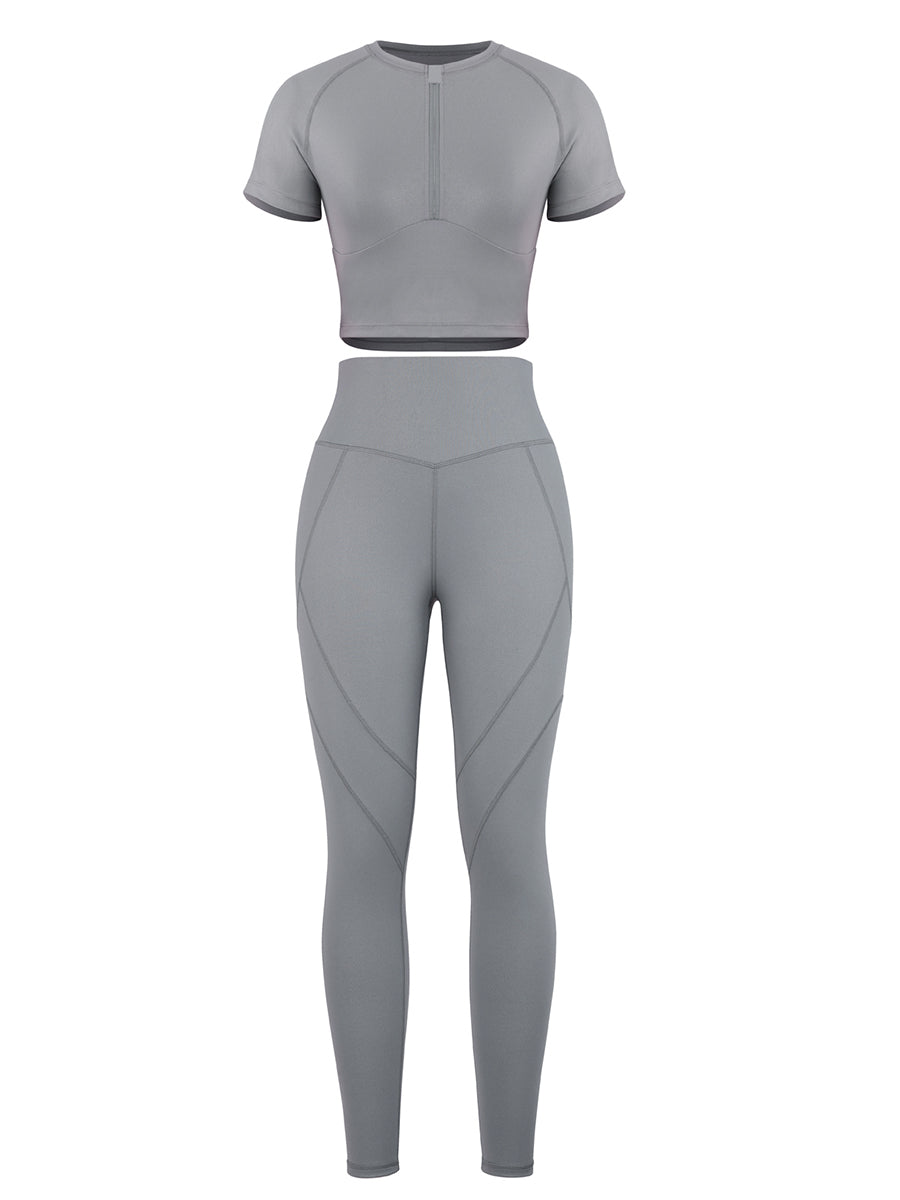 Gray Crew Neck Zipper Crop Top and High Waist Leggings For Training