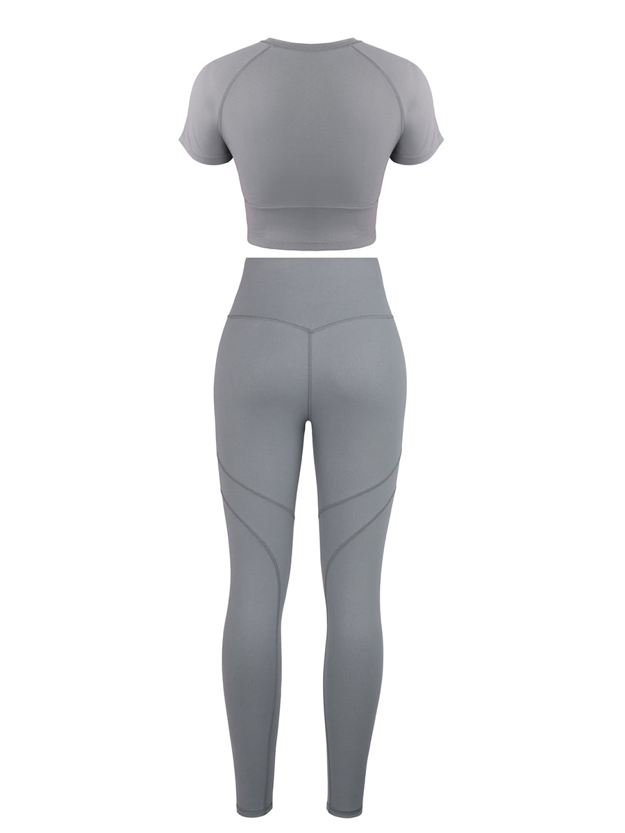 Gray Crew Neck Zipper Crop Top and High Waist Leggings For Training