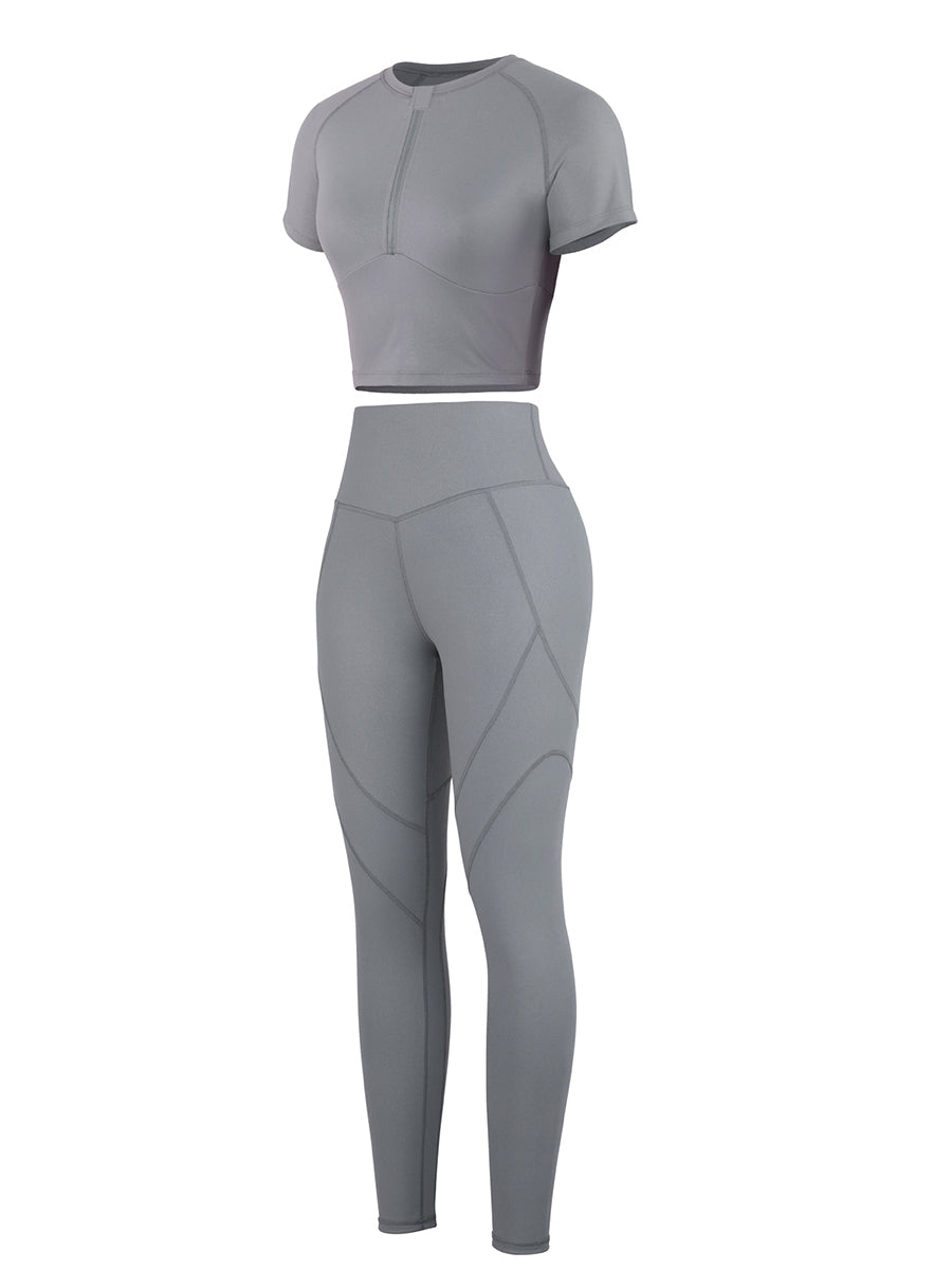 Gray Crew Neck Zipper Crop Top and High Waist Leggings For Training