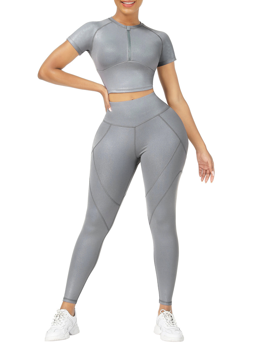 Gray Crew Neck Zipper Crop Top and High Waist Leggings For Training